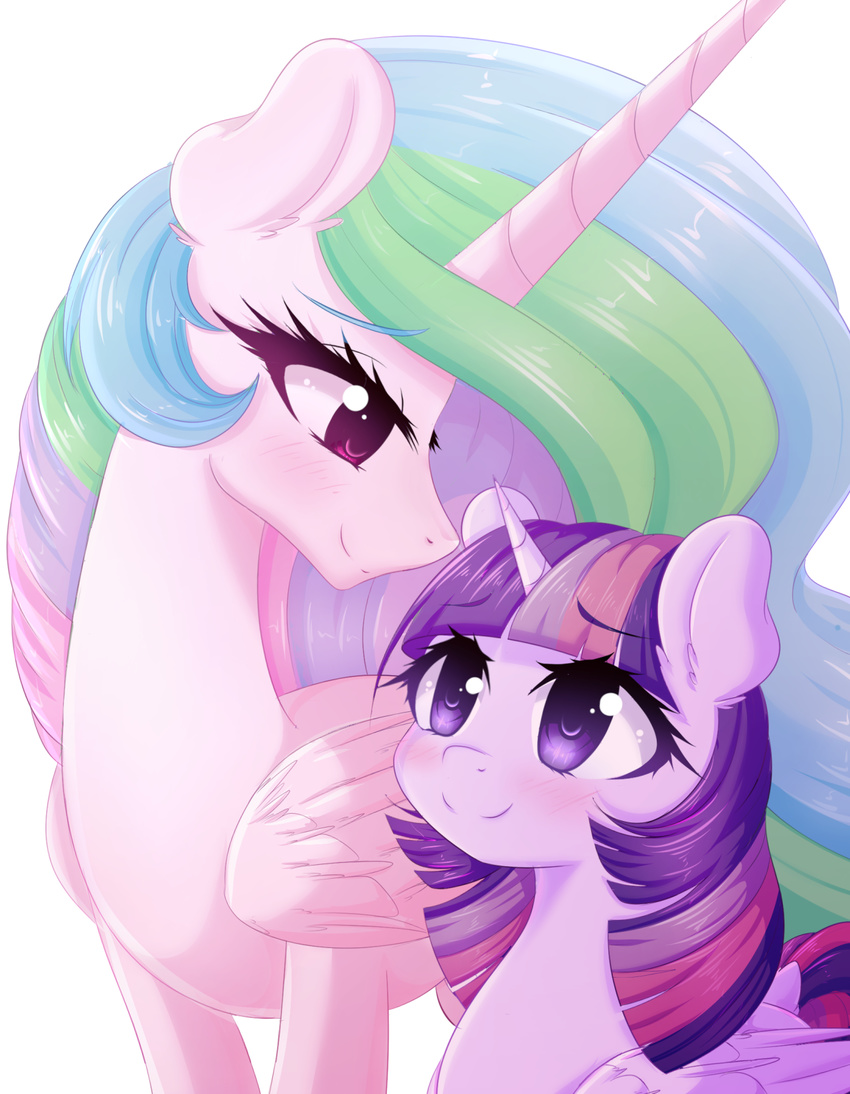 2017 blush duo equine eye_contact eyelashes feathered_wings feathers female feral fluffymaiden friendship_is_magic hair hi_res horn long_hair mammal multicolored_hair my_little_pony princess_celestia_(mlp) purple_eyes purple_feathers simple_background smile twilight_sparkle_(mlp) white_background white_feathers winged_unicorn wings