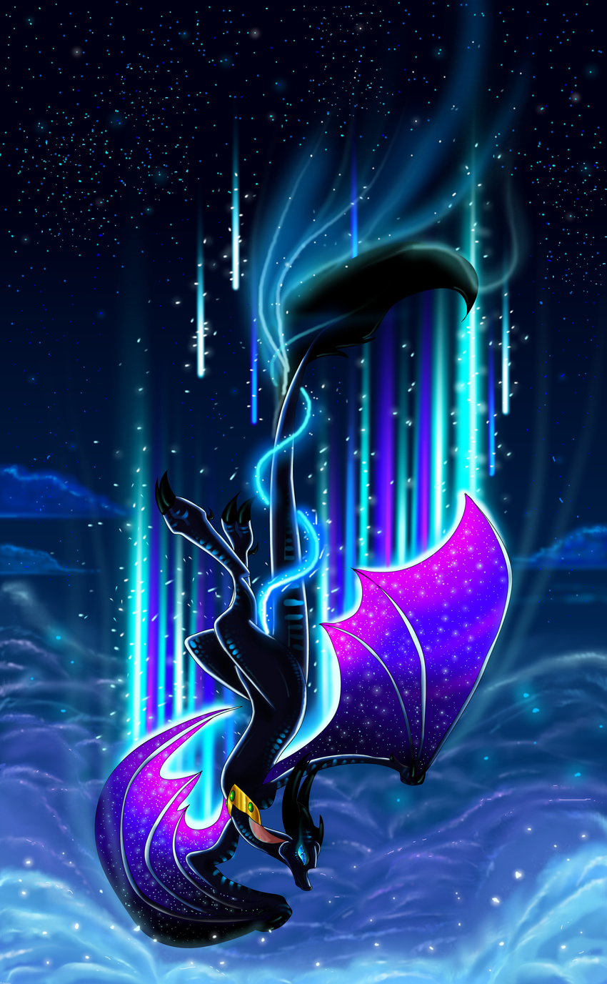 absurd_res blue_eyes detailed_background dragon female feral flying hi_res horn membranous_wings night nude outside plaguedogs123 sky solo star starry_sky superabsurd_res wings wyvern