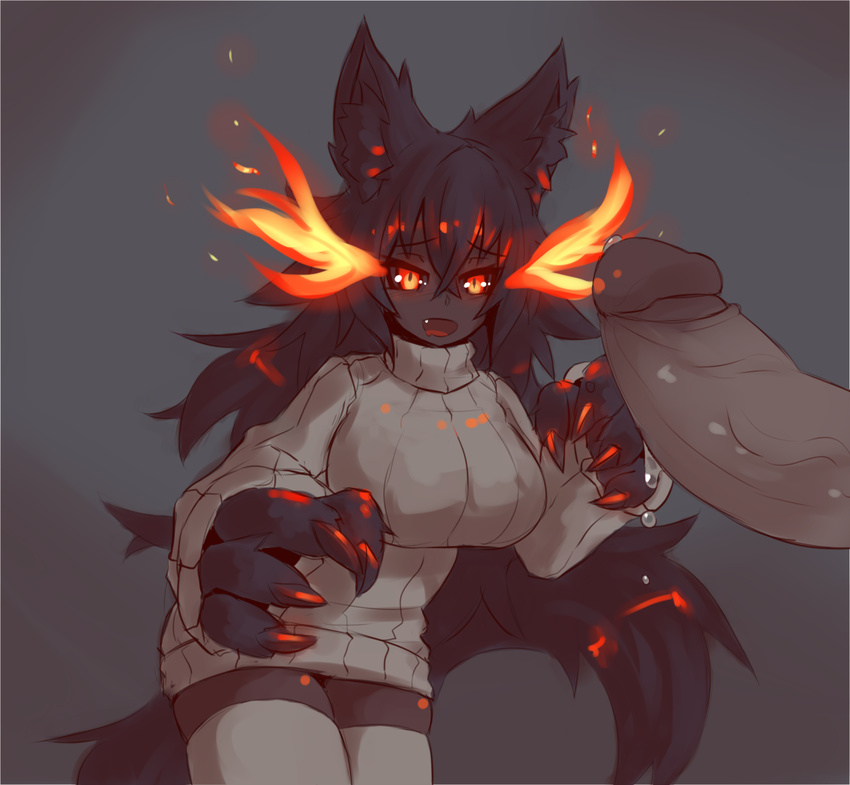 anthro big_penis black_fur black_hair breasts canine claws clothing disembodied_penis fire fur hair hellhound inner_ear_fluff legwear long_hair male mammal monster_girl monster_girl_(genre) monster_girl_encyclopedia open_mouth penis precum simple_background standing sub-res sweater thigh_highs