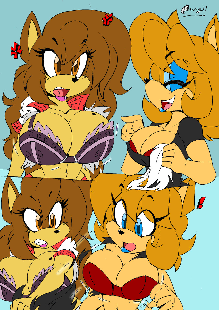 akatsukishiranui-fox anthro big_breasts bra breasts cleavage clothed clothing duo fan_character female hedgehog mammal sonic_(series) torn_clothing underwear