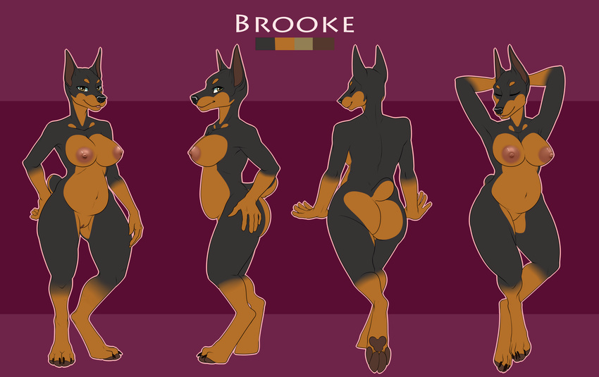 anthro big_butt breasts butt butt_pose canine doberman dog female looking_at_viewer looking_back mammal nipples nude pregoo pussy rear_view simple_background slightly_chubby solo