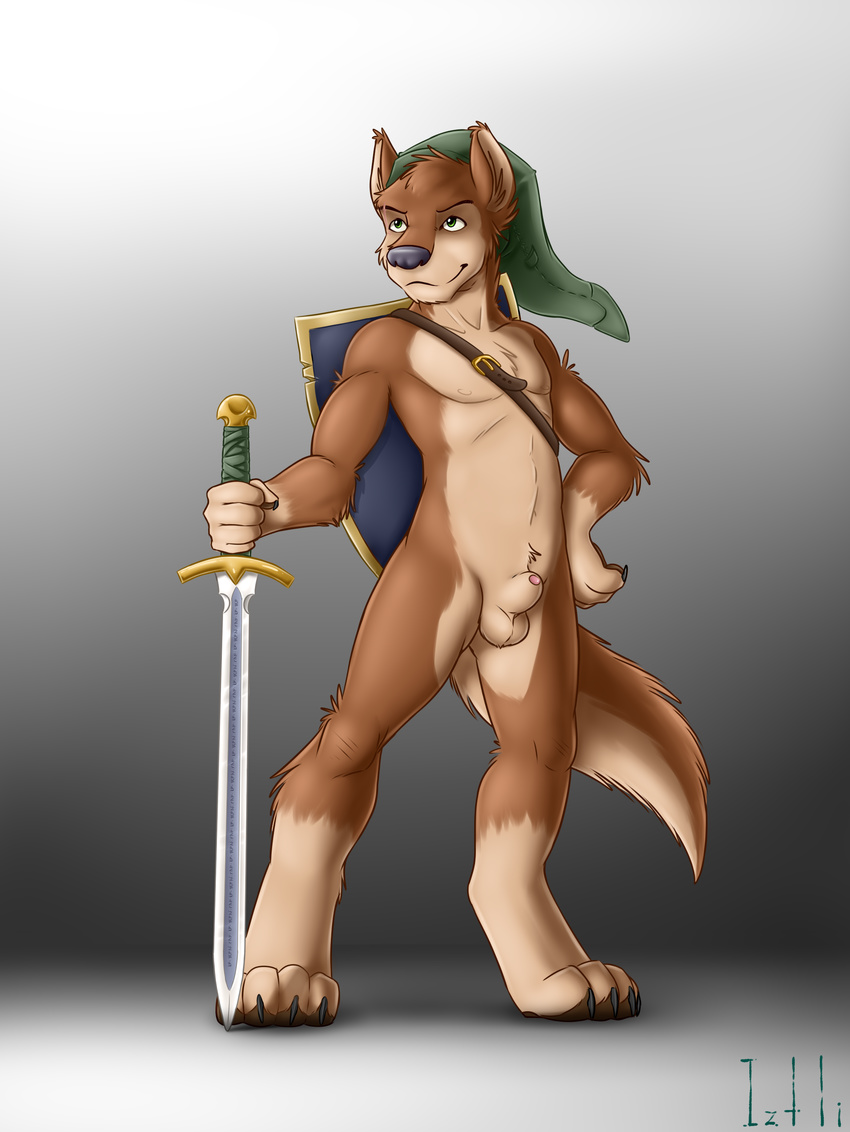 alternate_version_available animal_genitalia anthro armpits balls belt brown_fur canine claws confident dog eyebrows facial_scar fur green_eyes hand_on_hip headwear holding_object holding_weapon iztli looking_away male mammal melee_weapon mostly_nude multicolored_fur nintendo nipples nude paws penis penis_tip pose pubes scar sheath shield smile solo standing sword tan_fur the_legend_of_zelda two_tone_fur video_games weapon