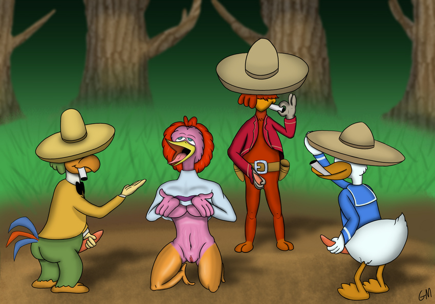 2017 anthro anthrofied aracuan_bird avian barefoot beak belt bird blue_eyes blue_feathers bottomless bow_tie breasts butt chicken cigar clothed clothing dirt disney donald_duck duck english_text feathers female gamemaniac grass green_feathers green_hair group hair hat jacket jos&eacute;_carioca kneeling male male/female navel open_mouth outside panchito_pistoles parrot penis pink_body pussy red_feathers red_hair signature sombrero text the_three_caballeros tongue tongue_out tree white_feathers