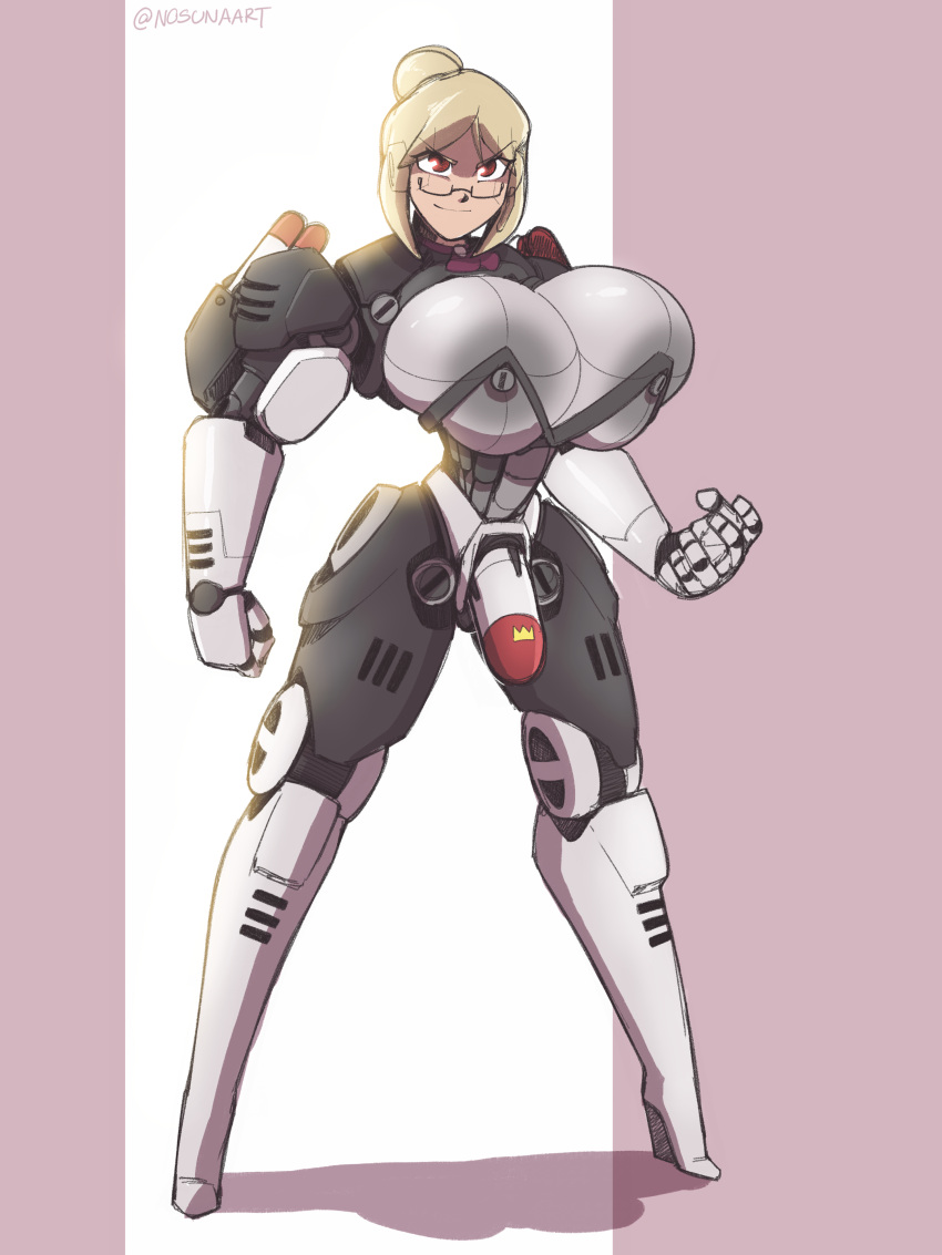 absurd_res android big_breasts big_penis breasts codpiece curvy_figure eyewear genitals glasses gynomorph hi_res hourglass_figure huge_breasts humanoid intersex last_period machine mechanical_arm mechanical_leg mechanical_penis nosunato penis red_eyes robot solo sonya_(last_period) wedge_(footwear)