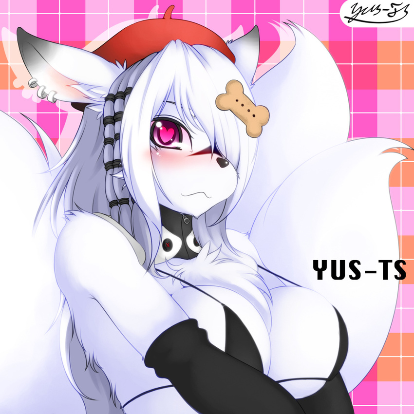 &lt;3 &lt;3_eyes abstract_background anthro armwear big_breasts bikini black_armwear black_nose blush bra breasts canine cleavage clothed clothing digital_media_(artwork) dog female fur hair half-length_portrait hat hi_res kemono long_hair looking_at_viewer mammal portrait posture_collar signature simple_background solo swimsuit underwear white_fur white_hair yus-ts