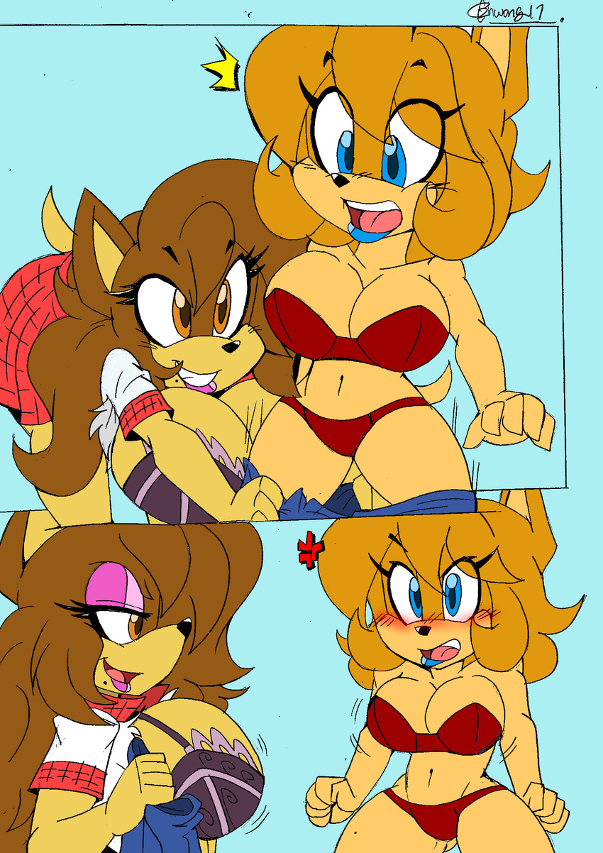 akatsukishiranui-fox anthro big_breasts bra breasts cleavage clothed clothing duo fan_character female hedgehog mammal sonic_(series) torn_clothing underwear