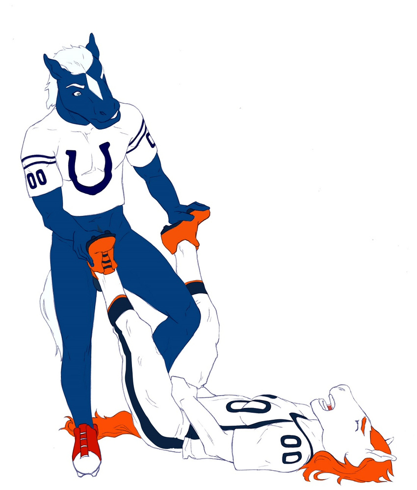 9x9 anthro ballbusting balls blue_(mascot) bottomless clothed clothing cock_and_ball_torture denver_broncos equine horse indianapolis_colts male mammal miles_(mascot) nfl simple_background stomping