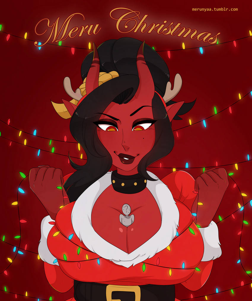 anon big_breasts black_hair breasts christmas christmas_lights cleavage clothed clothing collar demon digital_media_(artwork) duo female hair holidays horn macro mature_female merunyaa micro not_furry plump_lips santa_suit smile succubus