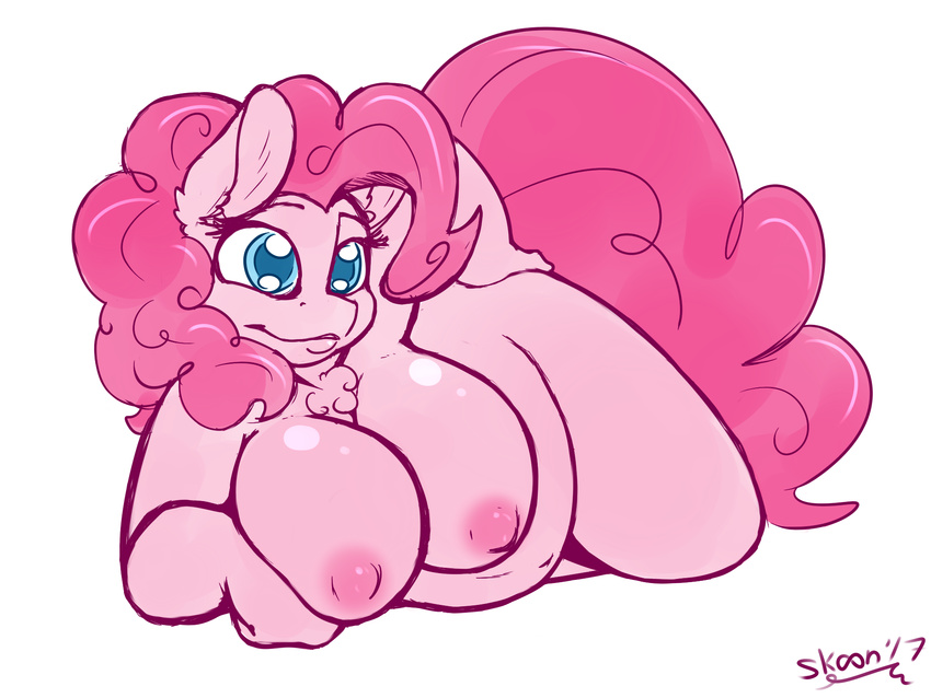 2017 anthro anthrofied areola belly big_breasts blue_eyes breasts earth_pony equine female friendship_is_magic hair hi_res horse mammal my_little_pony nipples overweight overweight_female pink_hair pinkie_pie_(mlp) pony simple_background skoon solo white_background