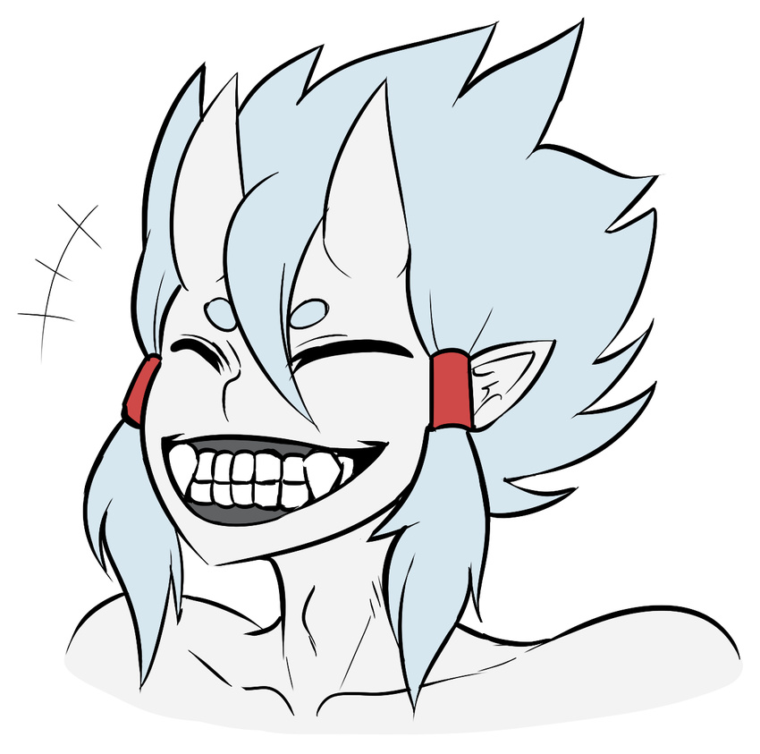 blue_hair demon eyes_closed fangs hair horn male octoboy oni pointy_ears simple_background smile