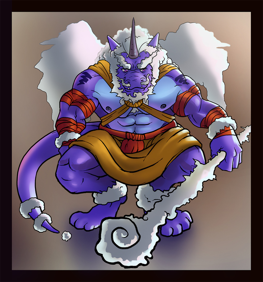 :3 aged_up anthro beard biceps cirrus cirrus_(leviathancyrus) claws cloud dragon facial_hair horn looking_at_viewer male mature muscular mustache nipples one_horn pecs purple_body purple_eyes solo staff steen tuft