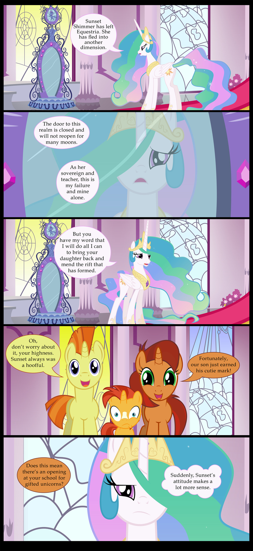 2017 comic dialogue english_text equine female friendship_is_magic horn mammal mirror mlp-silver-quill my_little_pony princess_celestia_(mlp) sunburst_(mlp) text winged_unicorn wings