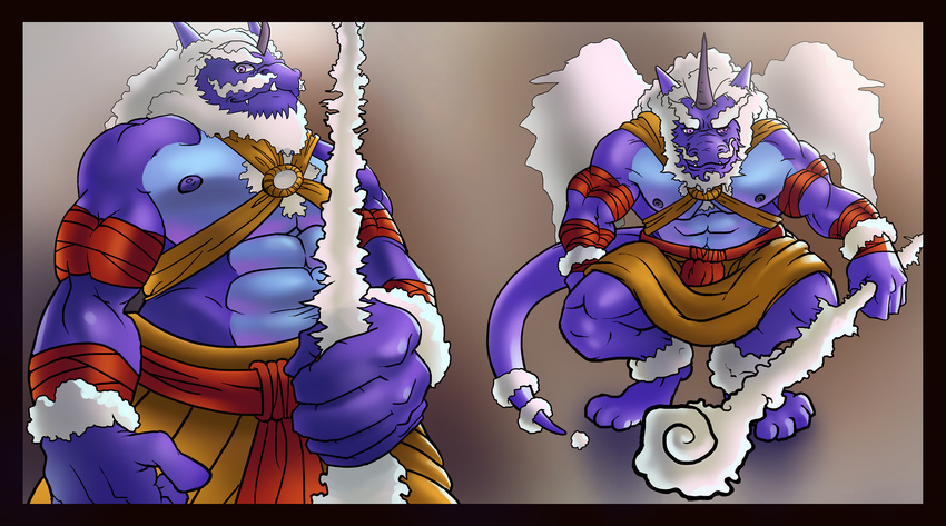 :3 aged_up anthro biceps cirrus cirrus_(leviathancyrus) claws cloud dragon facial_hair horn looking_at_viewer male mature muscular one_horn pecs purple_body purple_eyes solo staff steen tuft