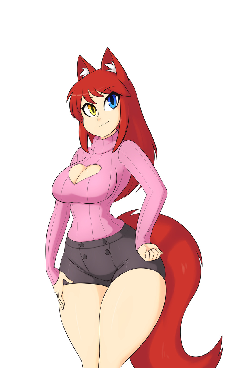 &lt;3 2017 animal_humanoid blue_eyes breasts canine cleavage clothed clothing female fox fox_humanoid hair heterochromia humanoid kaitlin keyhole_turtleneck mammal pose red_hair shorts skecchiart sweater thick_tighs wide_hips yellow_eyes