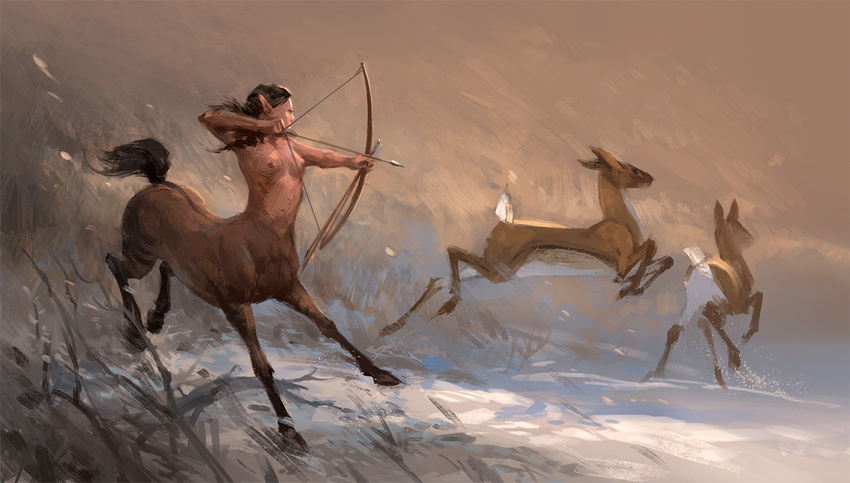 arrow bow breasts brown_hair centaur cervine day deer equine equine_taur female feral hair hooves mammal nipples nude outside sandara standing taur