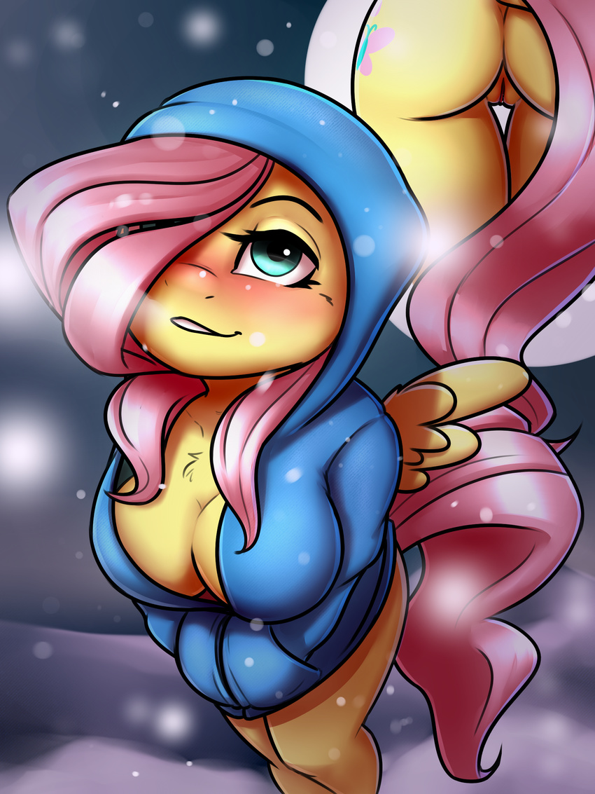 2017 anthro anthrofied blush breasts butt captainpudgemuffin clothing cutaway cutie_mark equine female fluttershy_(mlp) friendship_is_magic hair hi_res hoodie looking_up mammal my_little_pony pegasus pink_hair pussy snow snowing solo standing wings