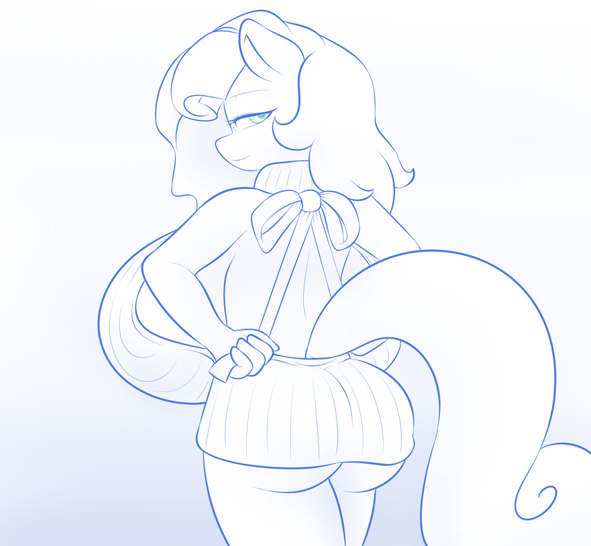 2017 absurd_res anthro bare_back big_breasts bottomless breasts butt clothed clothing earth_pony equine fan_character female freckles hair hi_res horse huge_breasts lamiaaaa looking_at_viewer looking_back mammal milky_way_(character) monochrome my_little_pony pony rear_view simple_background solo sweater virgin_killer_sweater