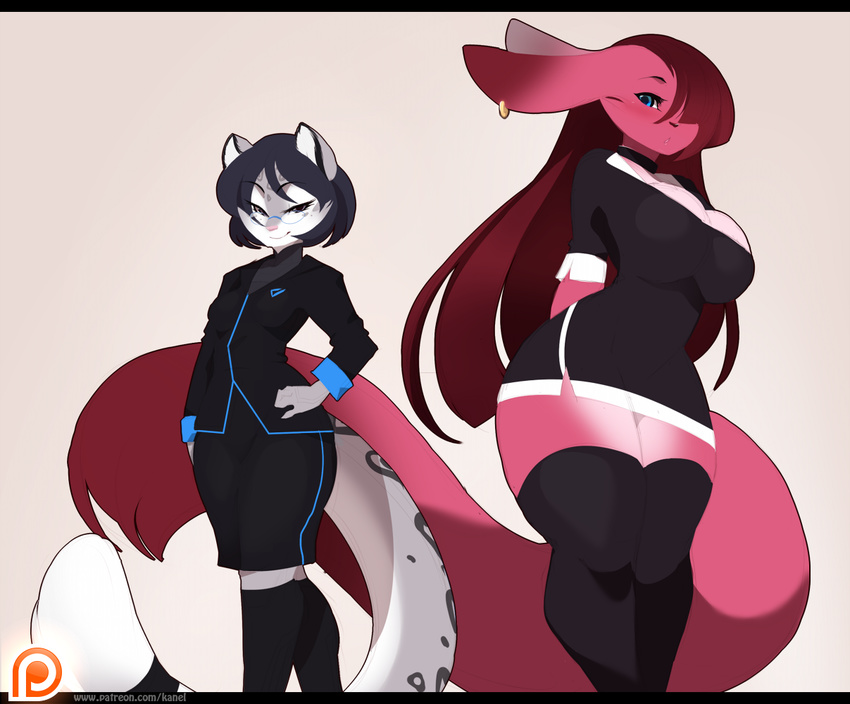 amber_(kanel) anthro big_breasts blue_eyes blush breasts canine cleavage clothed clothing duo feline female fennec fox hair huge_breasts kanel kemono leggings legwear leopard long_hair looking_at_viewer mammal simple_background smile snow_leopard thick_thighs wide_hips