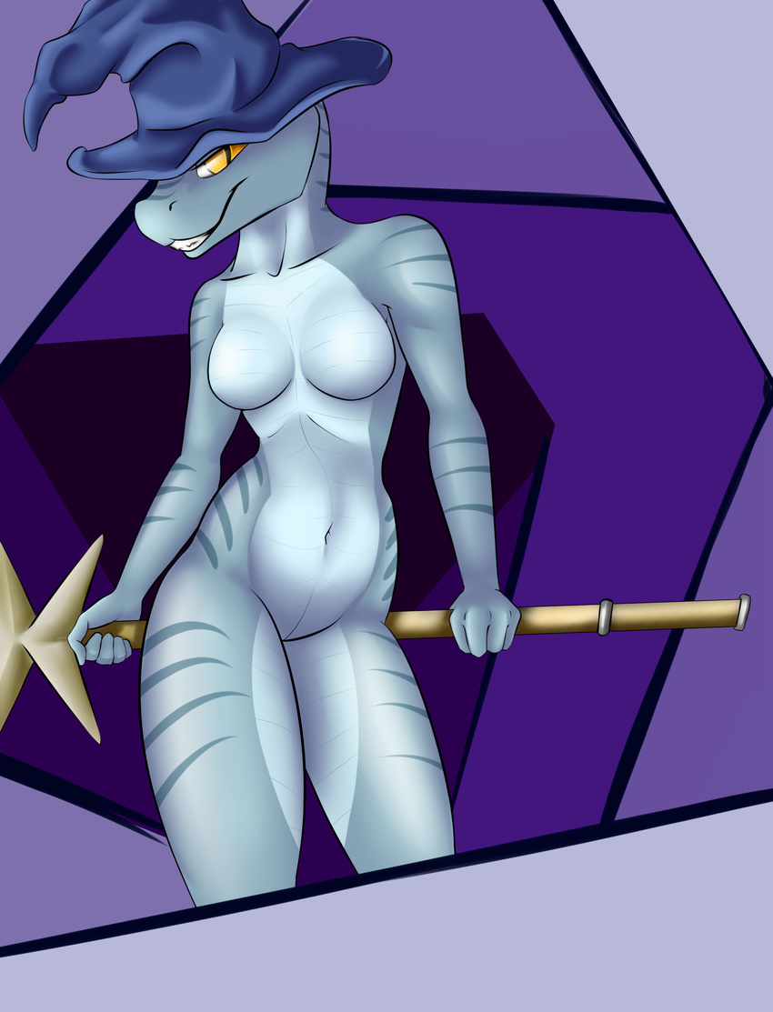 anthro breasts derangedrake dragon featureless_breasts female grin headwear holding_object looking_at_viewer magic_user midriff nude scalie smile solo staff