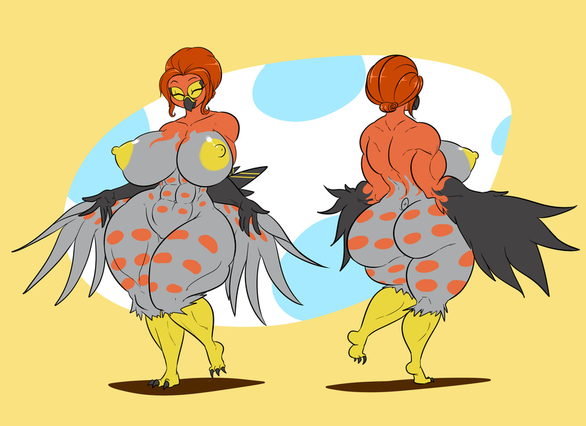 abs anthro avian beak big_breasts big_butt bird breasts butt eyes_closed female kaboozle mature_female nipples smile thick_thighs wide_hips wings yellow_nipples