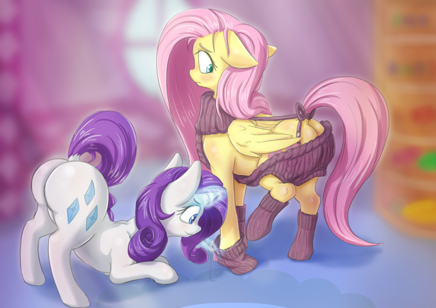 2017 alcor90 blue_eyes blush butt clothed clothed_feral clothing cutie_mark duo equine feathered_wings feathers female feral fluttershy_(mlp) friendship_is_magic glowing hair hi_res horn inside long_hair magic mammal my_little_pony pegasus pink_hair purple_hair rarity_(mlp) smile sweater unicorn virgin_killer_sweater wings yellow_feathers