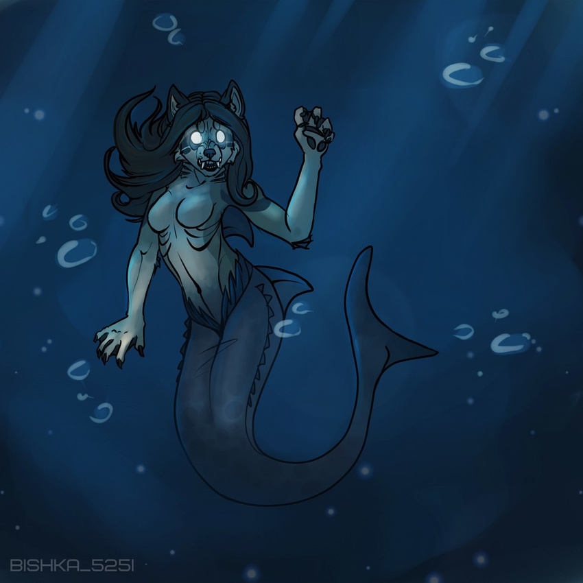 anthro bishkah291ax48 breasts canine featureless_breasts female fish glowing glowing_eyes hybrid looking_at_viewer mammal marine nude shark solo underwater water