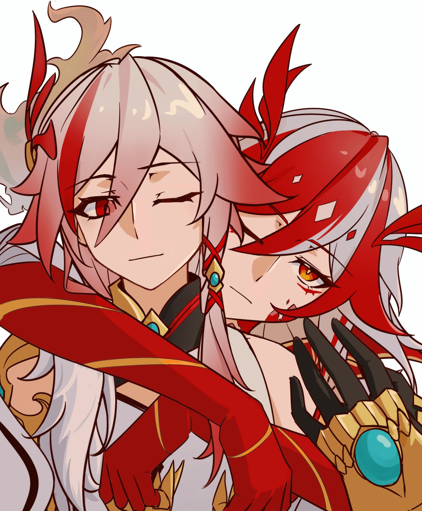 2girls absurdres arm_around_neck chinese_commentary closed_mouth commentary_request dual_persona fu_hua fu_hua_(fenghuang_of_vicissitude) fu_hua_(phoenix) gauntlets gradient_hair highres honkai_(series) honkai_impact_3rd multicolored_hair multiple_girls nanguatudou_dunpaigu one_eye_closed red_eyes red_hair streaked_hair two-tone_hair white_background white_hair yellow_pupils