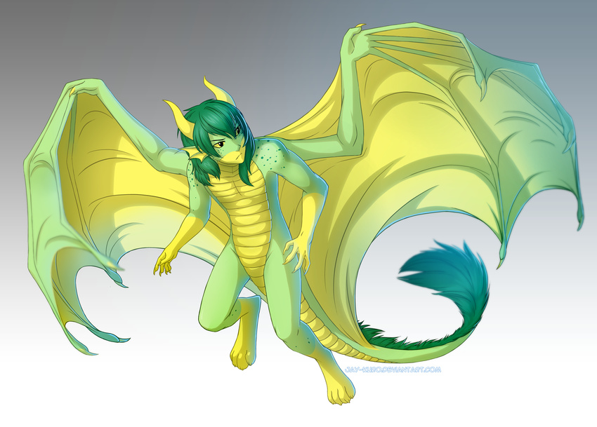 4_toes animal_humanoid anthro digitigrade dragon featureless_crotch gradient_background green_hair green_skin hair horn humanoid jay-kuro male membranous_wings nude simple_background solo toes wings