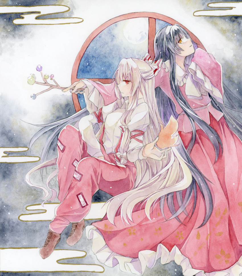 2girls black_hair bow branch collared_shirt commentary_request fire fujiwara_no_mokou grey_hair hair_bow highres holding holding_branch houraisan_kaguya jeweled_branch_of_hourai long_hair long_skirt long_sleeves multiple_girls ofuda ofuda_on_clothes pants pink_shirt pyrokinesis red_eyes red_pants shirt skirt suspenders touhou very_long_hair white_shirt wide_sleeves yanagise