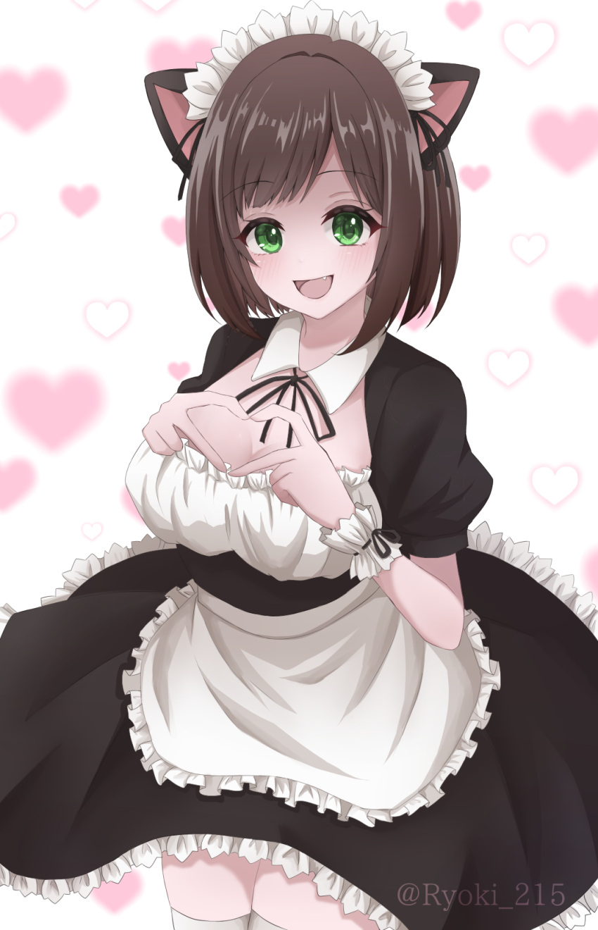 1girl :d alternate_costume animal_ears apron black_dress black_ribbon breasts brown_hair cat_ears cleavage commentary detached_collar dress enmaided fake_animal_ears fang green_eyes heart heart_hands highres idolmaster idolmaster_cinderella_girls large_breasts looking_at_viewer maekawa_miku maid maid_apron maid_headdress neck_ribbon puffy_short_sleeves puffy_sleeves ribbon ryouki_(34388923) short_hair short_sleeves smile solo thighhighs twitter_username white_apron white_thighhighs