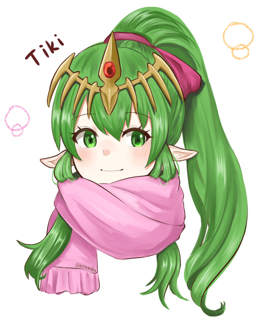 1girl character_name closed_mouth commentary_request eyelashes fire_emblem fire_emblem:_mystery_of_the_emblem green_eyes green_hair high_ponytail highres long_hair otokajife pink_scarf pointy_ears scarf simple_background smile solo tiara tiki_(fire_emblem) tiki_(young)_(fire_emblem) upper_body white_background