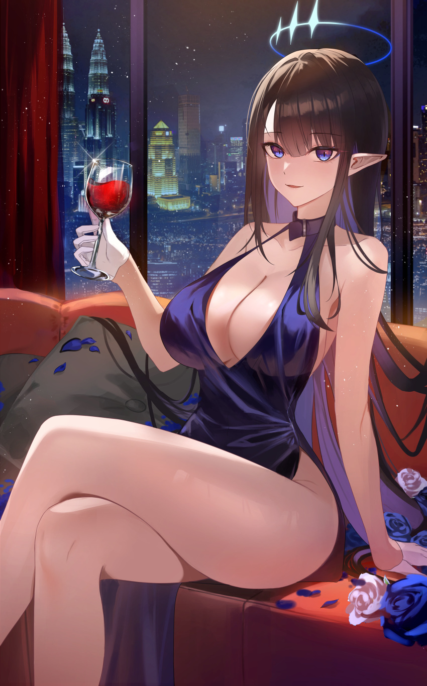 1girl absurdres alternate_costume black_hair blue_archive blue_halo breasts cleavage colored_inner_hair crossed_legs cup dress drinking_glass evening_gown flower gloves half_gloves halo halterneck highres holding holding_cup large_breasts long_hair lux_(3725) multicolored_hair night no_eyewear pointy_ears purple_dress purple_eyes rin_(blue_archive) rose sitting skyline white_gloves wine_glass