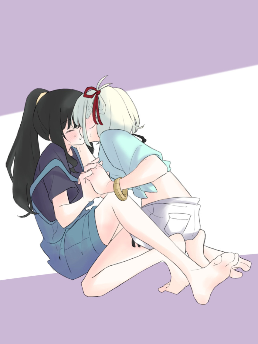 2girls bare_legs barefoot black_hair black_shirt blonde_hair blue_shirt blush bracelet closed_eyes commentary_request full_body hair_ribbon highres holding_hands inoue_takina interlocked_fingers jewelry kiss kneeling long_hair lycoris_recoil medium_hair multiple_girls nishikigi_chisato one_side_up overalls parted_lips ponytail purple_background red_ribbon ribbon shirt short_sleeves shorts sitting sweat syonosuke9573 two-tone_background white_background white_shorts yuri