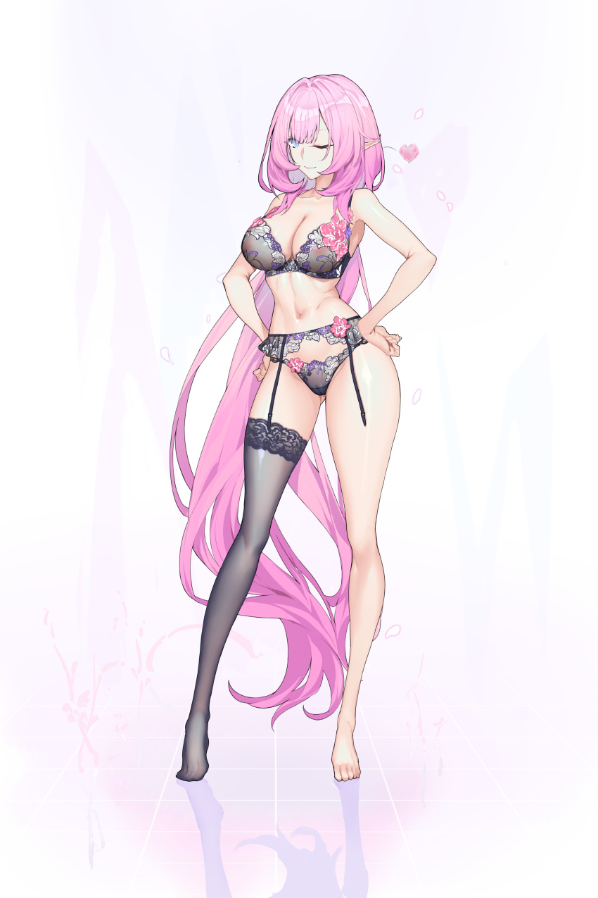 1girl ;) absurdres black_bra black_panties black_thighhighs blue_eyes bra breasts closed_mouth elf elysia_(honkai_impact) guratan hands_on_own_hips heart highres honkai_(series) honkai_impact_3rd large_breasts lingerie long_hair navel one_eye_closed panties pink_hair pointy_ears single_thighhigh smile solo standing stomach thighhighs tiptoes underwear very_long_hair