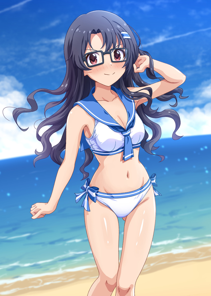 1girl adjusting_hair ass_visible_through_thighs beach bikini black-framed_eyewear black_hair blue_bow blue_neckerchief blue_sailor_collar blue_sky blush bow breasts brown_eyes cleavage cloud collarbone commentary_request day glasses hair_ornament hairclip hand_up highres idolmaster idolmaster_million_live! legs long_hair looking_at_viewer medium_breasts navel neckerchief ocean outdoors rocktaso_co_ltd sailor_collar sailor_swimsuit_(idolmaster) sky smile solo striped_bow swimsuit takayama_sayoko thighs v-shaped_eyebrows wavy_hair white_bikini