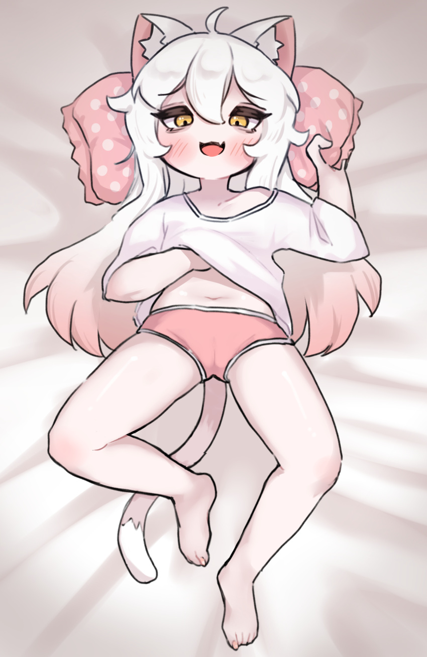1girl ahoge animal_ear_fluff animal_ears arm_up barefoot bed blush brown_eyes cat_ears cat_girl cat_tail fang feet full_body hand_under_clothes hand_under_shirt hch_cheol highres komi_(trickcal) legs long_hair lying navel on_back open_mouth pillow pink_shorts shirt short_shorts shorts smile solo tail thighs toes trickcal white_hair white_shirt