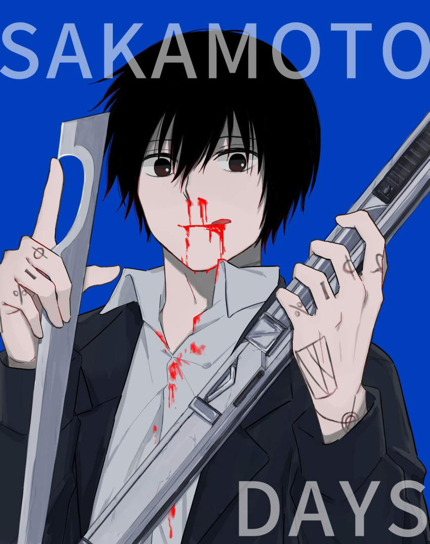 1boy arm_tattoo black_hair black_suit blood blood_drip blood_from_mouth blood_on_clothes blood_on_face collared_shirt copyright_name elaborate_weapon highres holding holding_weapon nagumo_(sakamoto_days) nosebleed number_tattoo rokuen_skd sakamoto_days shirt suit swiss_army_knife tattoo weapon white_shirt