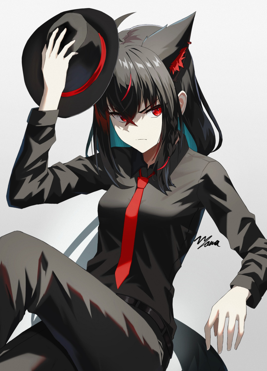 1girl absurdres alternate_costume animal_ear_fluff animal_ears belt black_belt black_hair black_hat black_pants black_shirt braid fox_ears fox_girl fox_tail hat highres holding holding_clothes holding_hat hololive kurokami_fubuki long_hair looking_at_viewer multicolored_hair nagae_yama necktie pants red_eyes red_hair red_necktie shirt single_braid solo streaked_hair tail virtual_youtuber