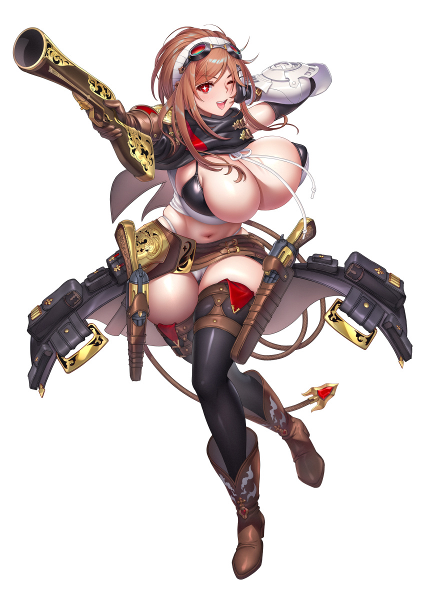 +_+ 1girl ;d antique_firearm arm_armor asymmetrical_gloves belt bikini bikini_top_only black_bikini black_capelet black_gloves black_thighhighs breasts brick_(atelier_brick) brown_belt brown_footwear brown_gloves brown_hair capelet character_request cleavage commentary_request commission covered_nipples crop_top elbow_gloves full_body gloves goggles goggles_on_head gun hairband highleg highleg_panties highres holding holding_gun holding_weapon holster holstered huge_breasts leather leather_gloves looking_at_viewer midriff mismatched_gloves navel one_eye_closed open_mouth panties pantyshot pixiv_commission pouch red_eyes rope short_hair sidelocks simple_background sin_chronicle single_elbow_glove single_shoulder_pad skindentation smile solo standing standing_on_one_leg swept_bangs swimsuit tachi-e tank_top teeth thigh_holster thighhighs thighs underwear upper_teeth_only waist_cape weapon white_background white_hairband white_panties white_tank_top