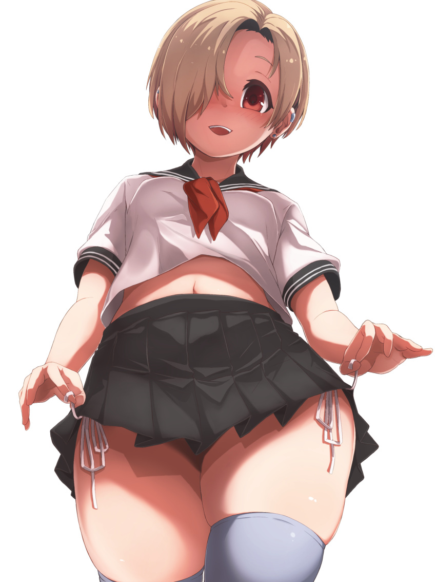 1girl aki_(sangetusei) black_sailor_collar black_skirt blonde_hair blue_thighhighs blush cowboy_shot dot_nose ear_piercing flat_chest from_below hair_over_one_eye highres idolmaster idolmaster_cinderella_girls idolmaster_cinderella_girls_starlight_stage looking_at_viewer looking_down midriff_peek miniskirt navel neckerchief open_mouth panty_straps piercing pleated_skirt red_eyes red_neckerchief sailor_collar school_uniform serafuku shirasaka_koume shirt short_hair short_sleeves simple_background skirt smile solo standing strap_pull teeth thighhighs upper_teeth_only white_background white_serafuku white_shirt