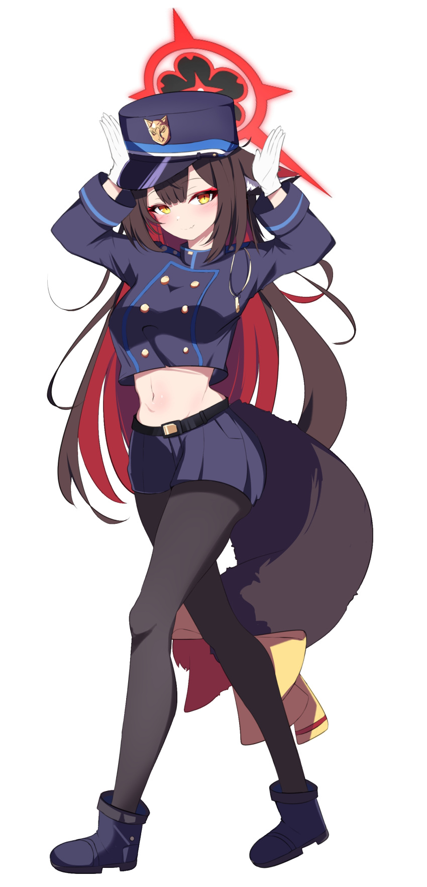 1girl absurdres animal_ears austsue blue_archive blue_skirt boots breasts brown_hair buttons cosplay cropped_jacket crossed_legs double-breasted ears_down eyeshadow fang fox_ears fox_girl fox_tail full_body gloves gradient_tail hair_between_eyes halo hat highres hikari_(blue_archive) hikari_(blue_archive)_(cosplay) hip_focus legs long_hair long_sleeves looking_at_viewer makeup medium_breasts midriff miniskirt multicolored_hair navel pantyhose pleated_skirt red_eyeshadow red_hair red_halo skirt slit_pupils smile solo standing tail thighs two-tone_hair very_long_hair wakamo_(blue_archive) walking white_gloves yellow_eyes