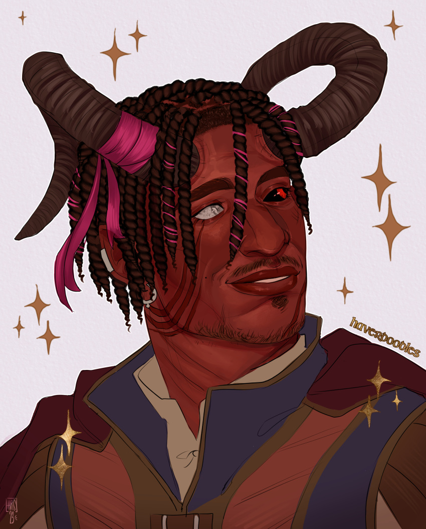 1boy absurdres baldur's_gate baldur's_gate_3 black_eyes cape dark-skinned_male dark_skin demon_horns dungeons_&amp;_dragons ear_piercing facial_hair goatee_stubble hair_ornament hair_ribbon hava_(haverdoodles) heterochromia highres horns looking_to_the_side male_focus piercing red_cape red_pupils ribbon scar scar_on_face smile sparkle_background stubble thick_eyebrows twists uniform wyll_(baldur's_gate)