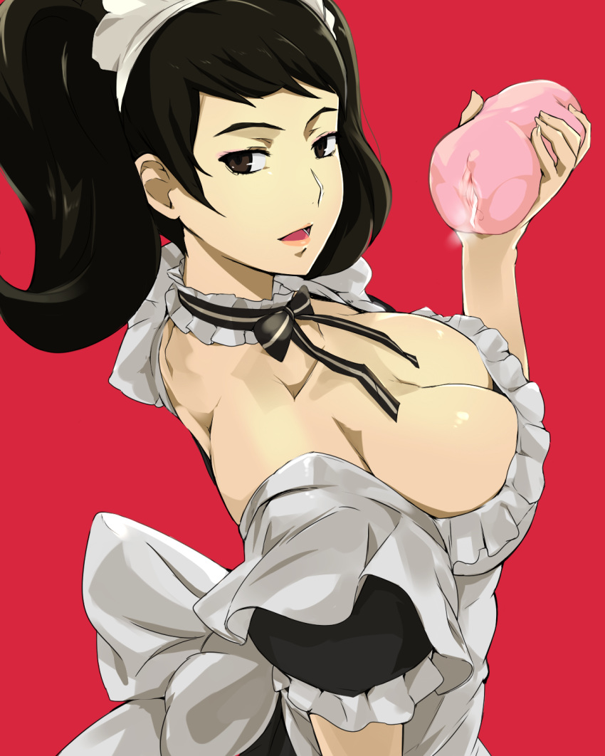 1girl artificial_vagina bangs black_bow black_eyes black_hair bow breasts cafekun choker cleavage collarbone commentary_request cum frilled_choker frilled_sleeves frills highres kawakami_sadayo large_breasts long_hair looking_at_viewer looking_back maid maid_headdress open_mouth persona persona_5 puffy_short_sleeves puffy_sleeves red_background revision short_hair short_sleeves solo twintails upper_body white_bow