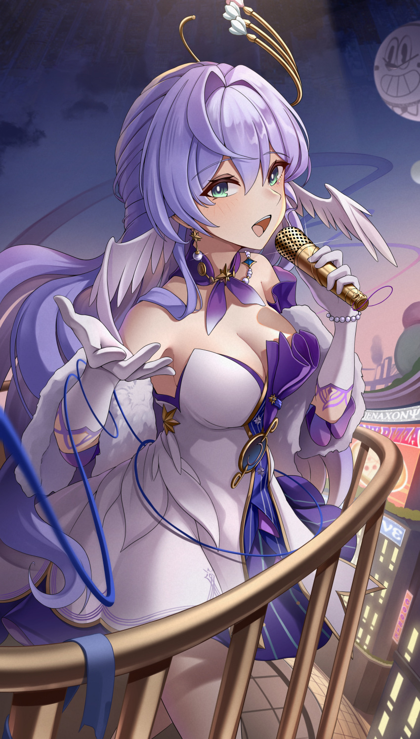 1girl absurdres bare_shoulders blue_hair breasts detached_sleeves dress gloves green_eyes grey_hair hair_between_eyes halo head_wings highres holding holding_microphone honkai:_star_rail honkai_(series) jewelry long_hair looking_at_viewer microphone open_mouth robin_(honkai:_star_rail) smile solo strapless strapless_dress very_long_hair white_dress white_gloves wings winterlime12