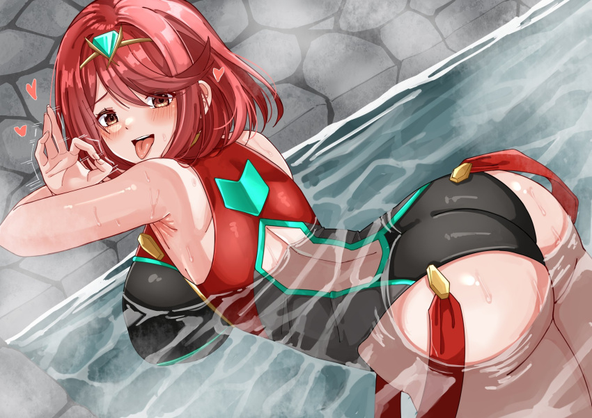 1girl ass back_cutout blush breasts clothing_cutout fellatio_gesture fingernails from_behind heart highres leaning_forward looking_at_viewer looking_back motion_lines nintendo nude partially_submerged pyra_(pro_swimmer)_(xenoblade) pyra_(xenoblade) red_eyes red_hair rock rynn_(darknescorez) short_hair solo swimsuit tongue tongue_out water wet xenoblade_chronicles_(series) xenoblade_chronicles_2