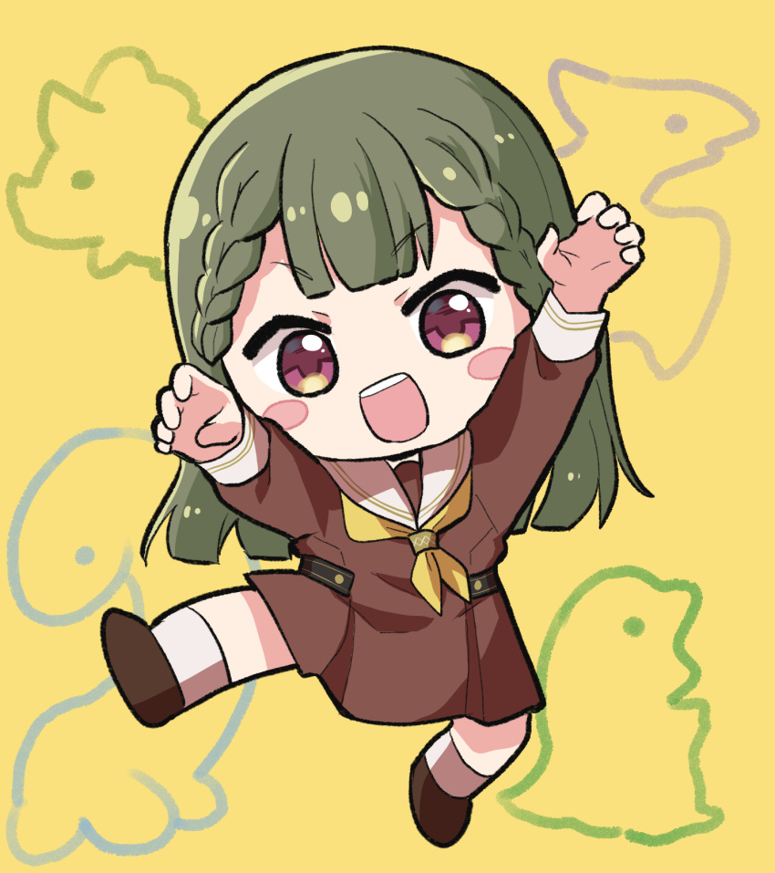 1girl :d arms_up blush_stickers braid brown_dress brown_footwear center-flap_bangs child's_drawing claw_pose commentary_request deformed dinosaur dress full_body green_hair hasu_no_sora_school_uniform highres kachimachi_kosuzu leg_up link!_like!_love_live! long_hair long_sleeves looking_at_viewer love_live! massigura medium_dress neckerchief open_mouth pink_eyes pleated_dress rhinoceros sailor_collar sailor_dress school_uniform side_braids smile socks solo straight_hair teeth upper_teeth_only v-shaped_eyebrows virtual_youtuber white_sailor_collar white_socks winter_uniform yellow_background yellow_neckerchief
