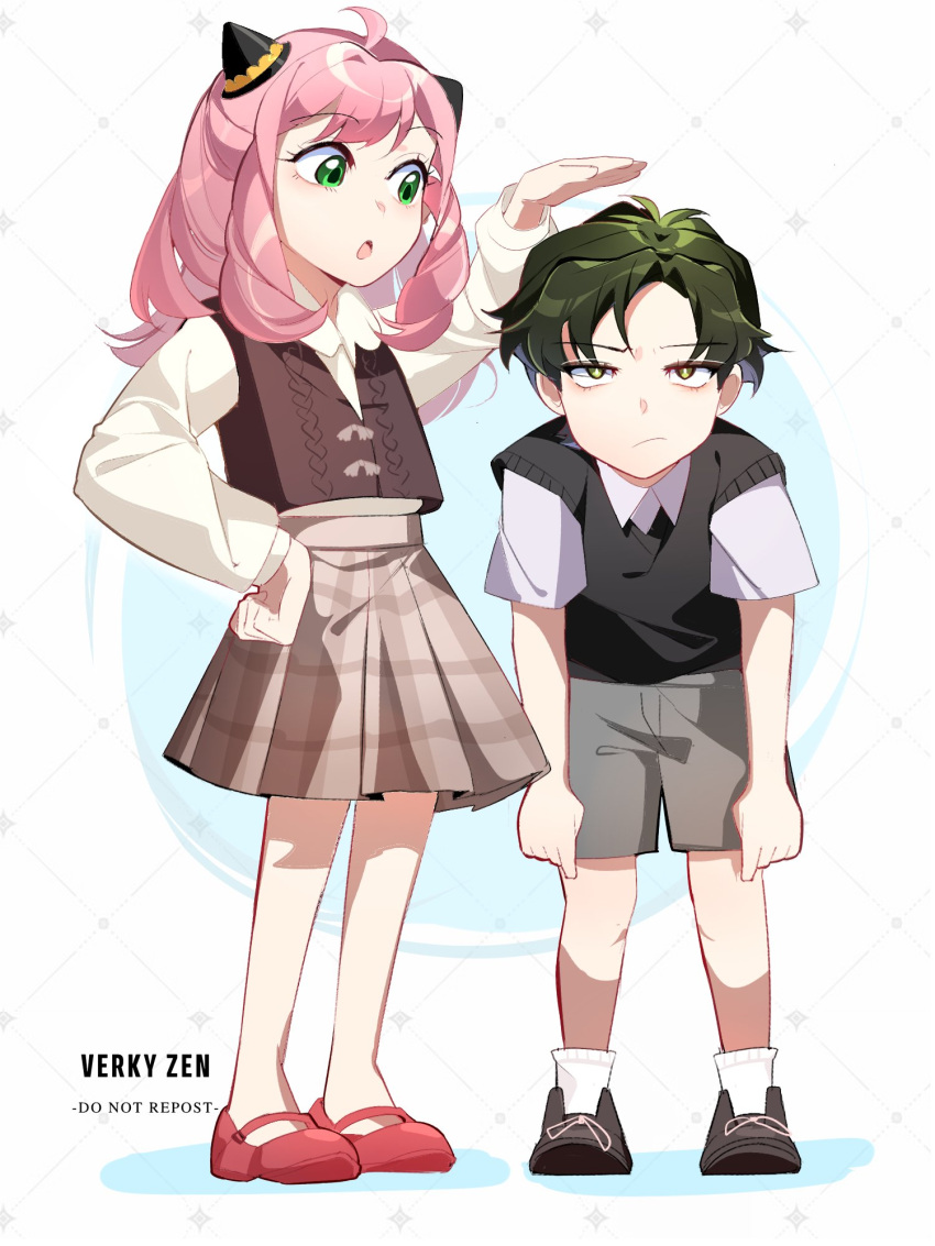 1boy 1girl anya_(spy_x_family) black_vest brown_skirt closed_mouth damian_desmond full_body green_eyes green_hair height_difference highres mary_janes open_mouth pink_hair shoes short_hair shorts skirt slouching socks spy_x_family verkyzen vest