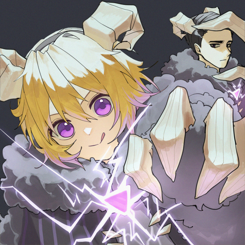 1boy 1girl :q absurdres black_eyes black_hair black_hairband blonde_hair claws closed_mouth don_quixote_(project_moon) e.g.o_(project_moon) electricity hairband highres horns jacket limbus_company looking_at_viewer meursault_(project_moon) project_moon purple_eyes purple_jacket sheep_horns short_hair sinlu smile tongue tongue_out