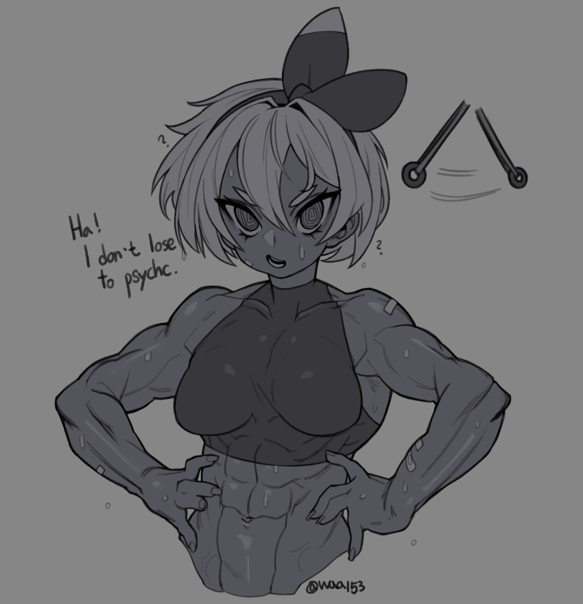 1girl ? @_@ abs bandaid bandaid_on_arm bandaid_on_cheek bandaid_on_face bandaid_on_shoulder bare_shoulders bea_(pokemon) black_hairband bow_hairband breasts crop_top dark-skinned_female dark_skin dripping english_commentary english_text grey_background greyscale hair_between_eyes hairband hands_on_own_hips highres hypnosis mind_control monochrome motion_lines muscular muscular_female open_mouth pokemon pokemon_swsh short_hair signature simple_background sleeveless solo sports_bra stomach sweat swinging talking upper_body waa153 wet wet_hair