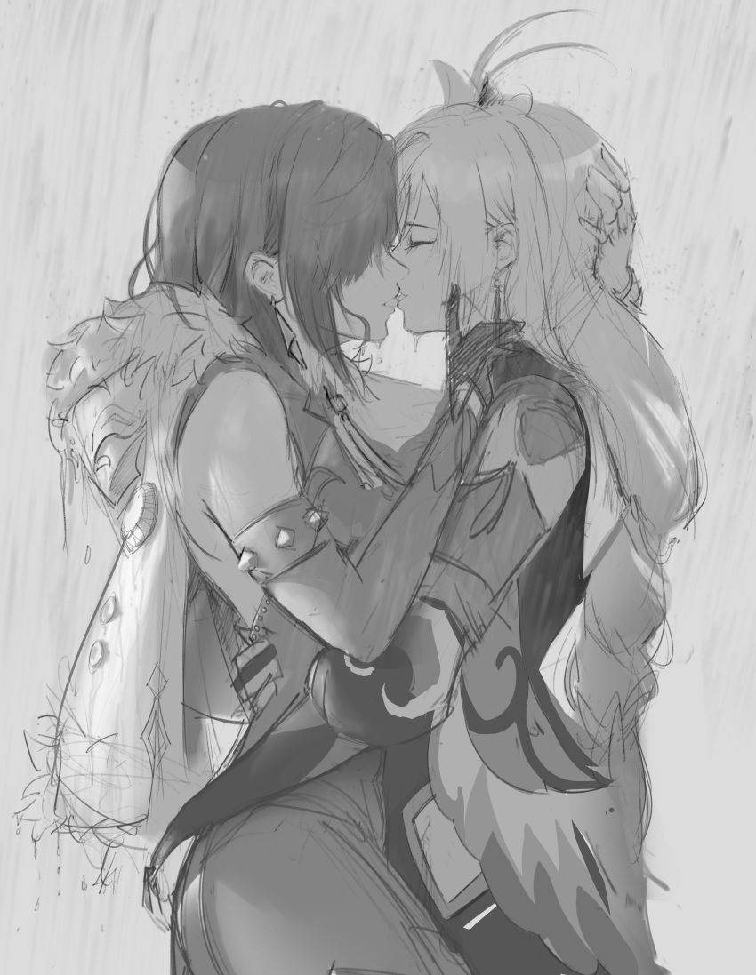 2girls absurdres bare_shoulders bodysuit cape closed_eyes commentary cowboy_shot english_commentary french_kiss from_side genshin_impact gloves greyscale hand_on_another's_head hand_on_another's_waist highres ker0nit0 kiss long_hair monochrome multiple_girls outdoors profile rain shenhe_(genshin_impact) short_hair tongue tongue_out yelan_(genshin_impact) yuri